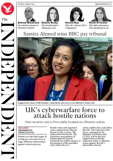 The Independent Newspaper Front Page (UK) for 11 January 2020