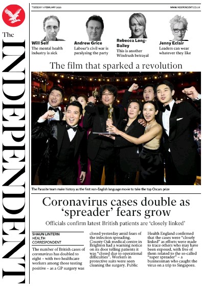The Independent Newspaper Front Page (UK) for 11 February 2020