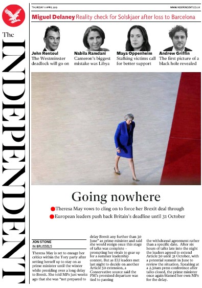 The Independent Newspaper Front Page (UK) for 11 April 2019