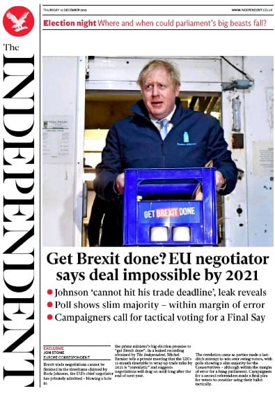 The Independent Newspaper Front Page (UK) for 12 December 2019