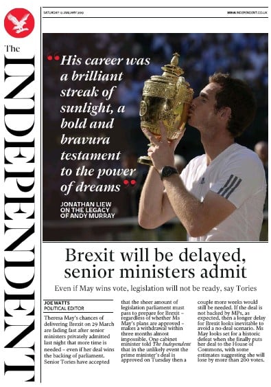 The Independent Newspaper Front Page (UK) for 12 January 2019