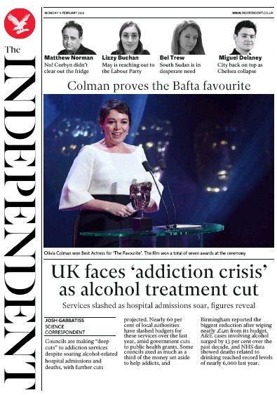 The Independent Newspaper Front Page (UK) for 12 February 2019