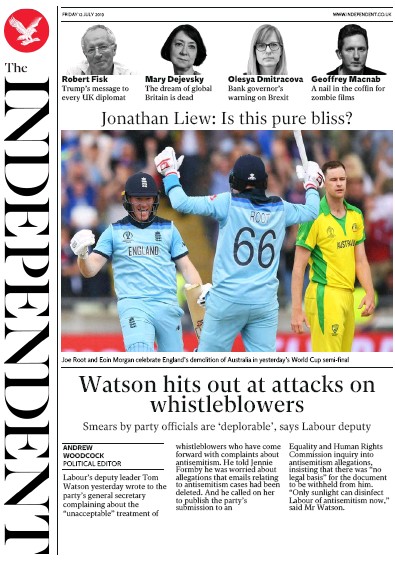 The Independent Newspaper Front Page (UK) for 12 July 2019