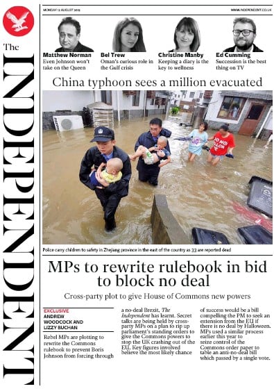 The Independent Newspaper Front Page (UK) for 12 August 2019