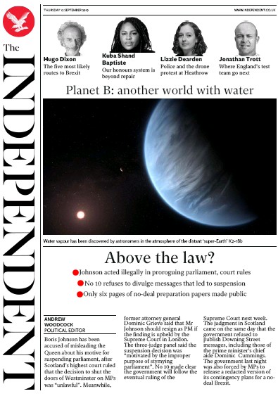 The Independent Newspaper Front Page (UK) for 12 September 2019