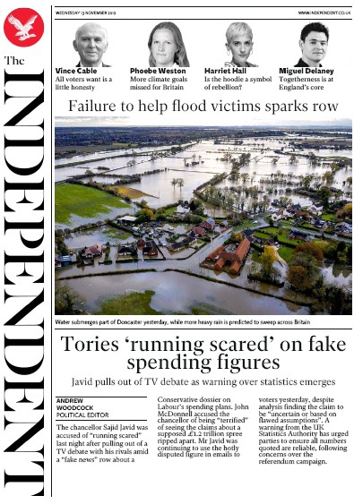 The Independent Newspaper Front Page (UK) for 13 November 2019