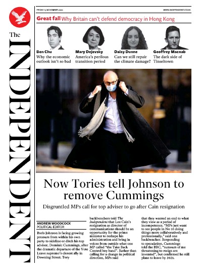 The Independent Newspaper Front Page (UK) for 13 November 2020