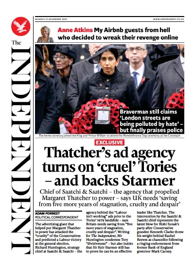 The Independent Newspaper Front Page (UK) for 13 November 2023