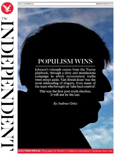The Independent Newspaper Front Page (UK) for 13 December 2019