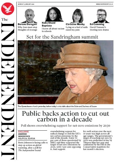 The Independent Newspaper Front Page (UK) for 13 January 2020