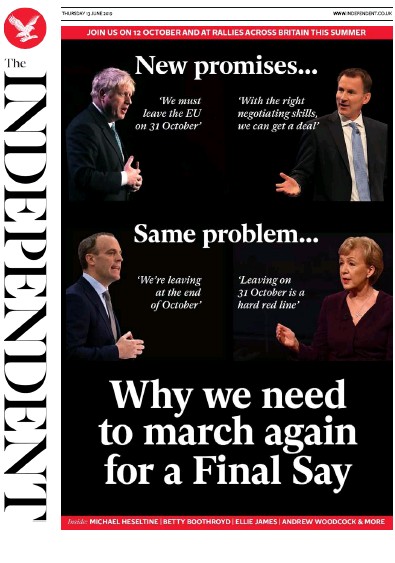 The Independent Newspaper Front Page (UK) for 13 June 2019