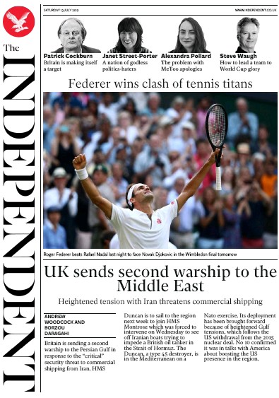 The Independent Newspaper Front Page (UK) for 13 July 2019