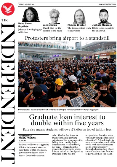The Independent Newspaper Front Page (UK) for 13 August 2019