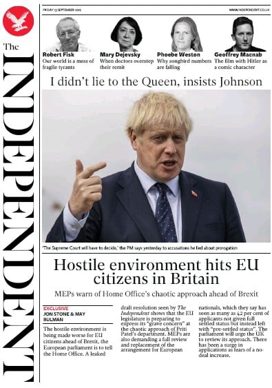 The Independent Newspaper Front Page (UK) for 13 September 2019