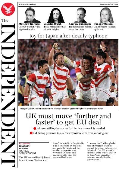 The Independent Newspaper Front Page (UK) for 14 October 2019