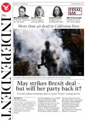 The Independent (UK) Newspaper Front Page for 14 November 2018