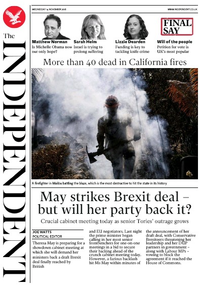The Independent Newspaper Front Page (UK) for 14 November 2018