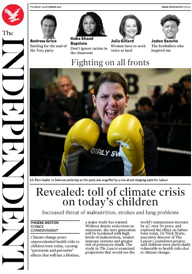 The Independent Newspaper Front Page (UK) for 14 November 2019