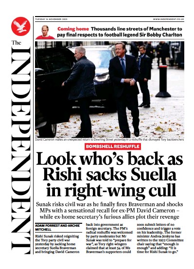 The Independent Newspaper Front Page (UK) for 14 November 2023