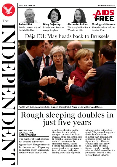 The Independent Newspaper Front Page (UK) for 14 December 2018