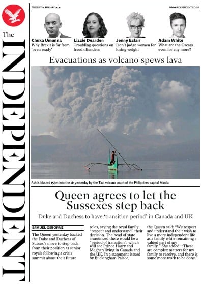 The Independent Newspaper Front Page (UK) for 14 January 2020