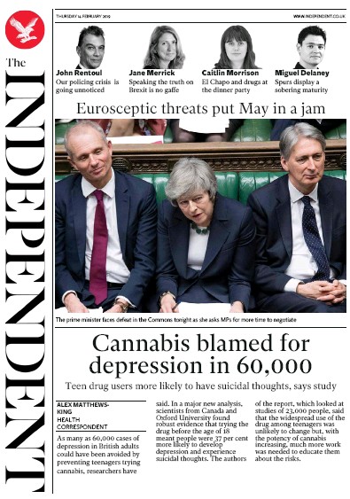The Independent Newspaper Front Page (UK) for 14 February 2019