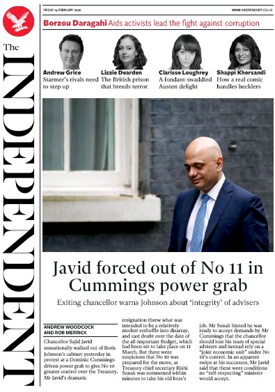 The Independent Newspaper Front Page (UK) for 14 February 2020