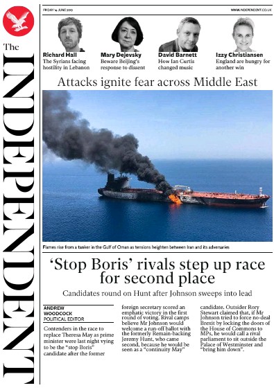 The Independent Newspaper Front Page (UK) for 14 June 2019