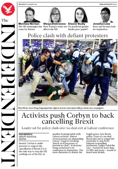 The Independent Newspaper Front Page (UK) for 14 August 2019