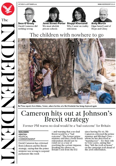 The Independent Newspaper Front Page (UK) for 14 September 2019