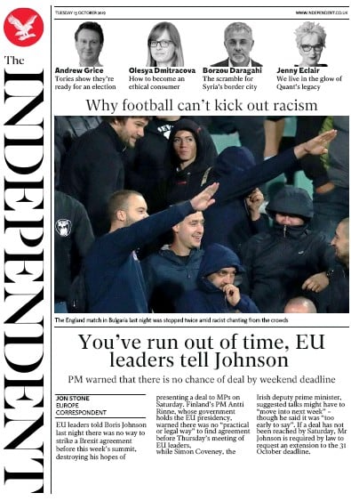The Independent Newspaper Front Page (UK) for 15 October 2019