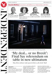 The Independent (UK) Newspaper Front Page for 15 November 2018