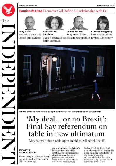 The Independent Newspaper Front Page (UK) for 15 November 2018