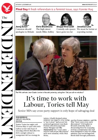 The Independent Newspaper Front Page (UK) for 15 December 2018