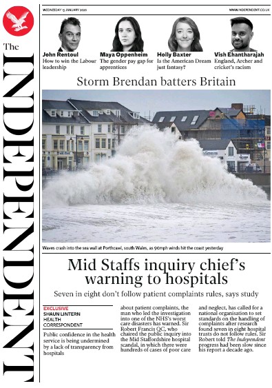 The Independent Newspaper Front Page (UK) for 15 January 2020