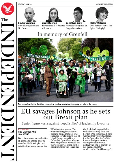 The Independent Newspaper Front Page (UK) for 15 June 2019