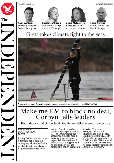 The Independent Newspaper Front Page (UK) for 15 August 2019