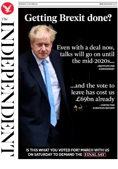 The Independent Newspaper Front Page (UK) for 16 October 2019