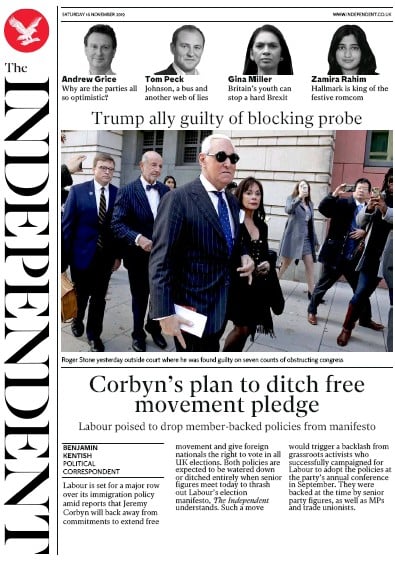 The Independent Newspaper Front Page (UK) for 16 November 2019