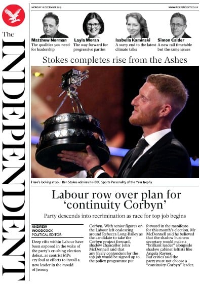 The Independent Newspaper Front Page (UK) for 16 December 2019