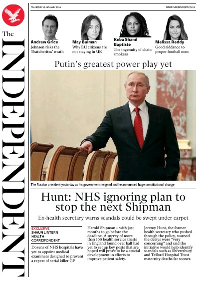The Independent Newspaper Front Page (UK) for 16 January 2020