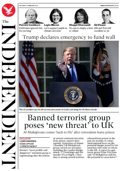 The Independent Newspaper Front Page (UK) for 16 February 2019