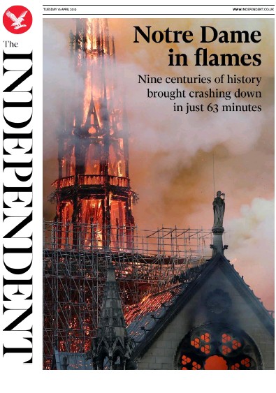 The Independent Newspaper Front Page (UK) for 16 April 2019