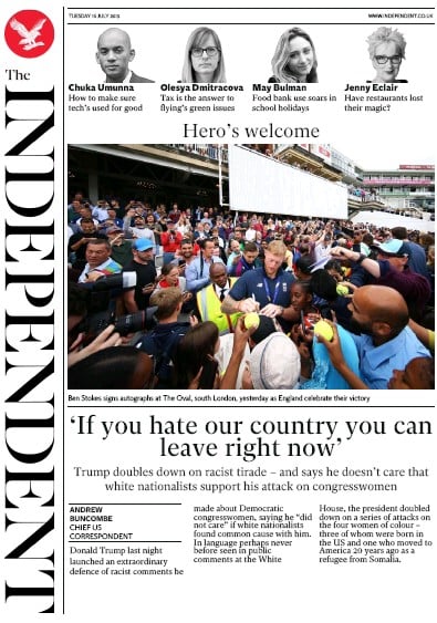 The Independent Newspaper Front Page (UK) for 16 July 2019