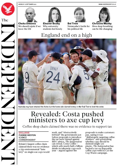 The Independent Newspaper Front Page (UK) for 16 September 2019