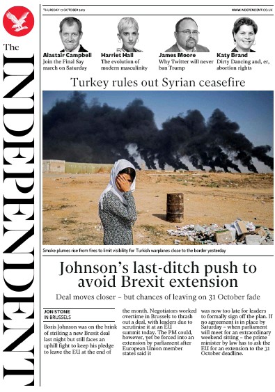 The Independent Newspaper Front Page (UK) for 17 October 2019