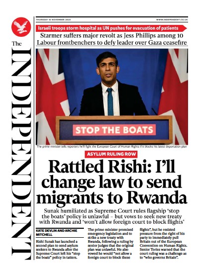 The Independent Newspaper Front Page (UK) for 17 November 2023
