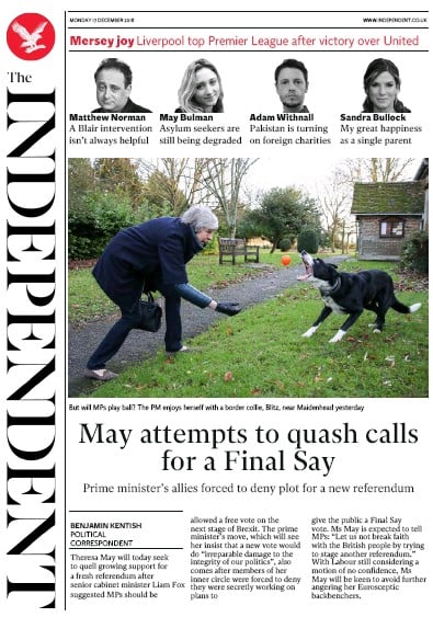 The Independent Newspaper Front Page (UK) for 17 December 2018
