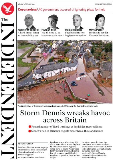 The Independent Newspaper Front Page (UK) for 17 February 2020