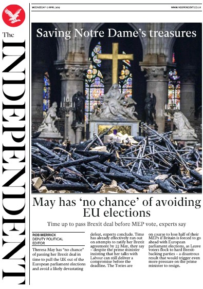 The Independent Newspaper Front Page (UK) for 17 April 2019